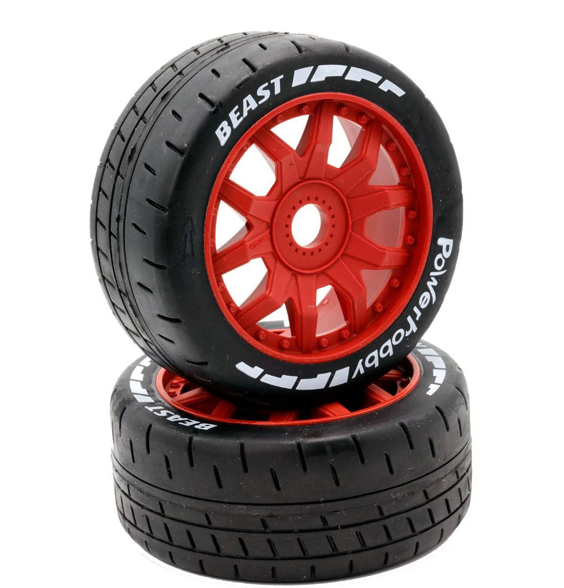 POWERHOBBY 2401-SR 1/8 GT Beast Belted Mounted Tires 17mm Medium Red Wheels