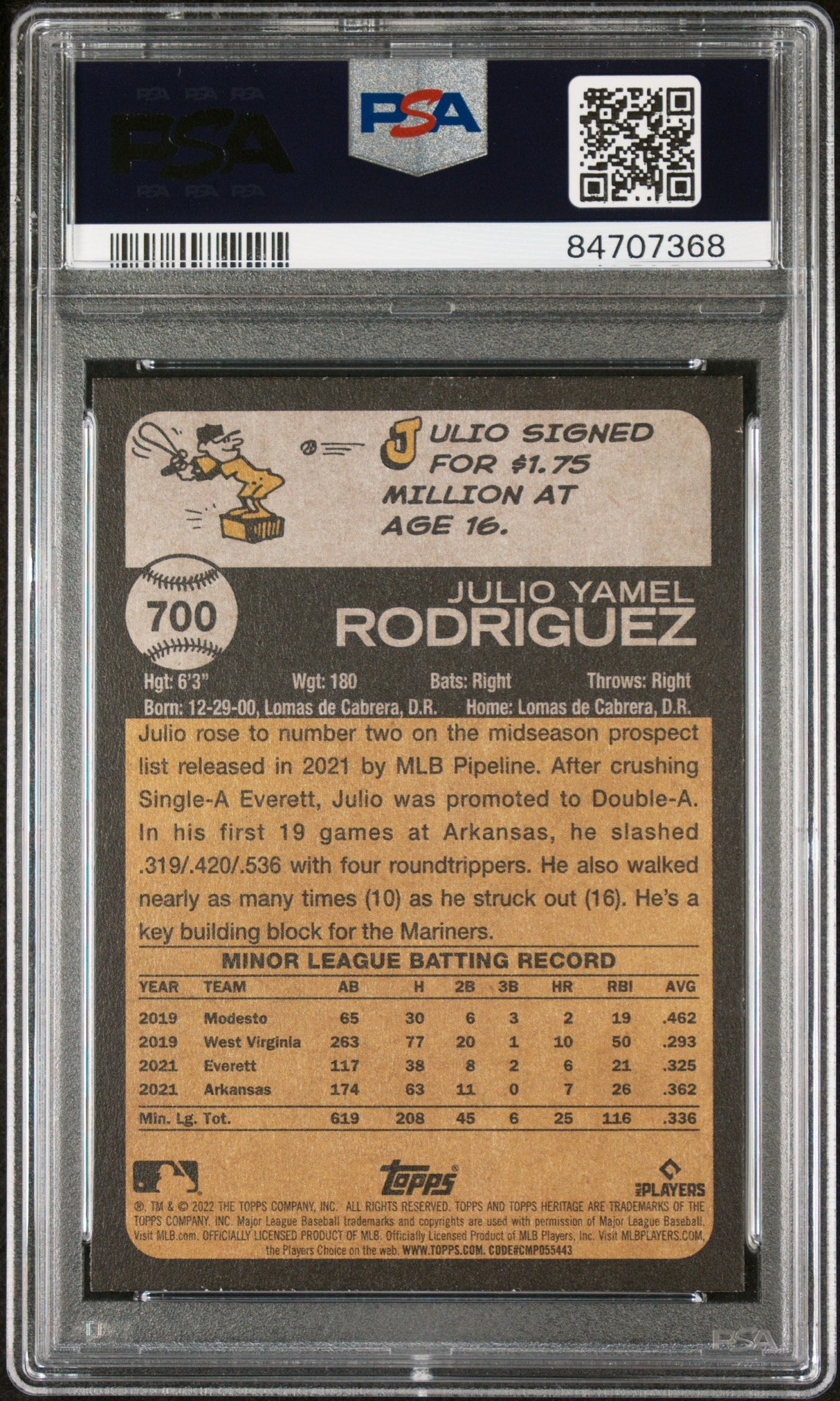 2022 TOPPS HERITAGE JULIO RODRIGUEZ #700 - PSA 10 ROOKIE CARD