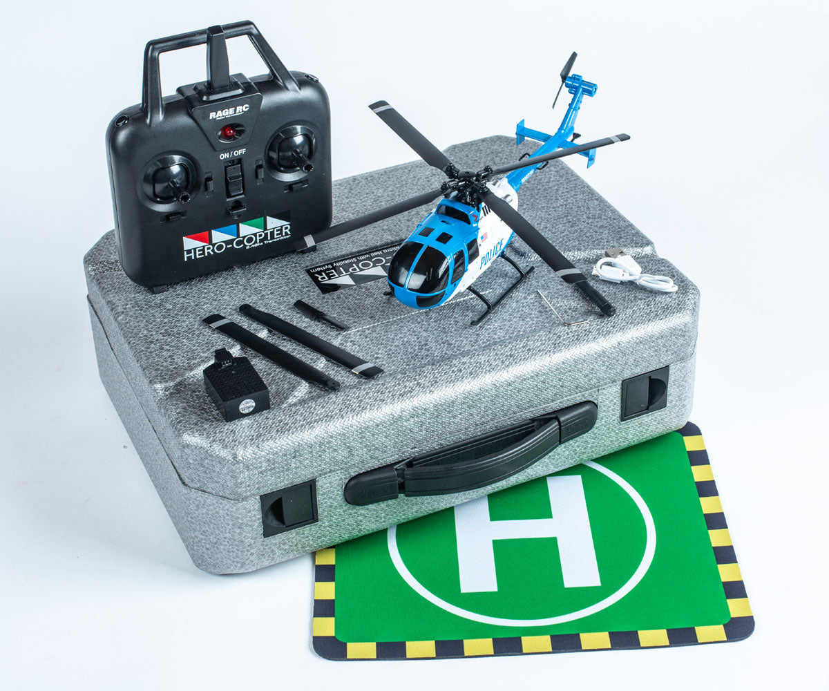 Rage RC RGR6051 BLUE Hero-Copter, helicóptero RTF de 4 palas; Policía