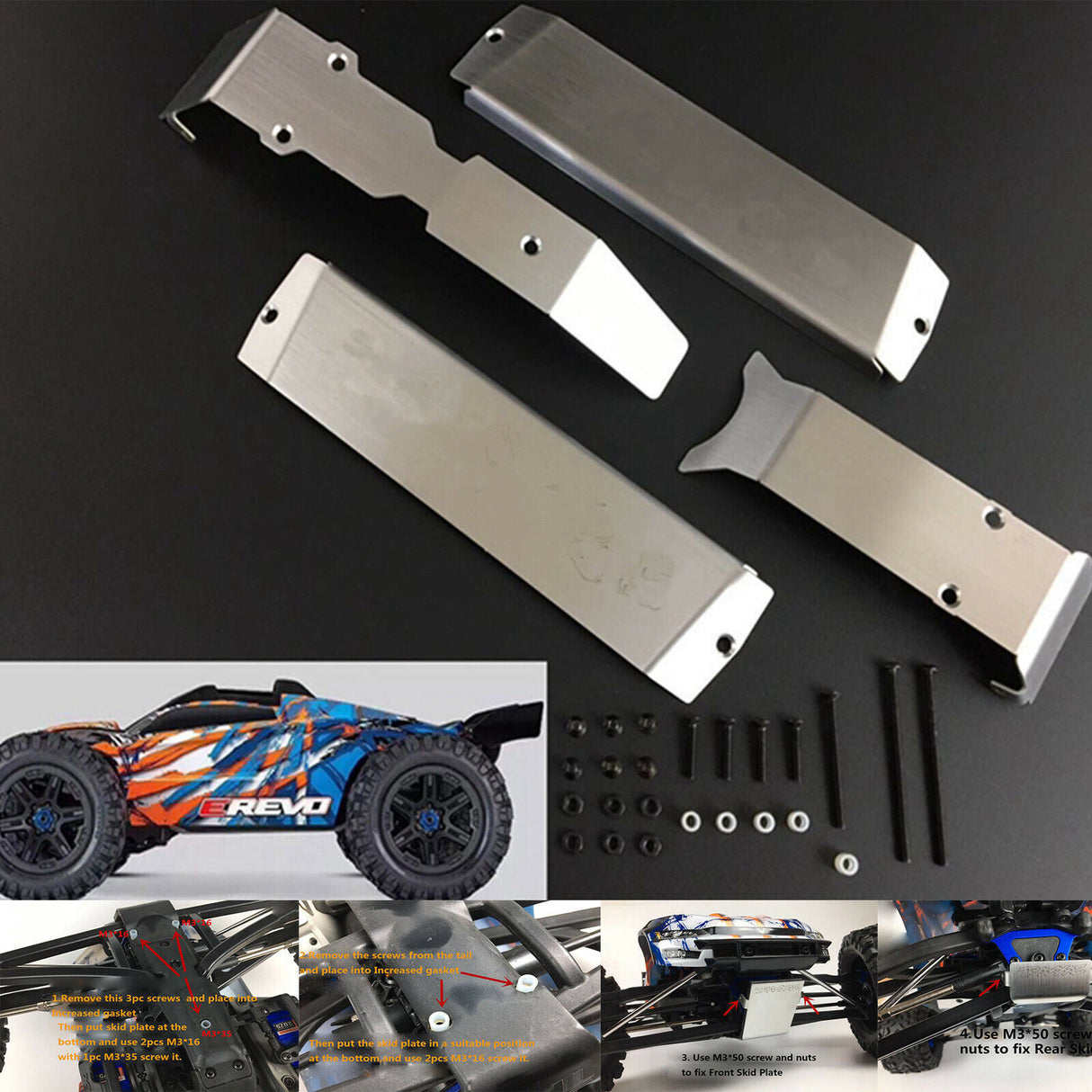 IRonManRc Kit de protection de plaque de protection de châssis en acier inoxydable pour Traxxas 1/10 E-REVO ERevo 2.0 et Summit