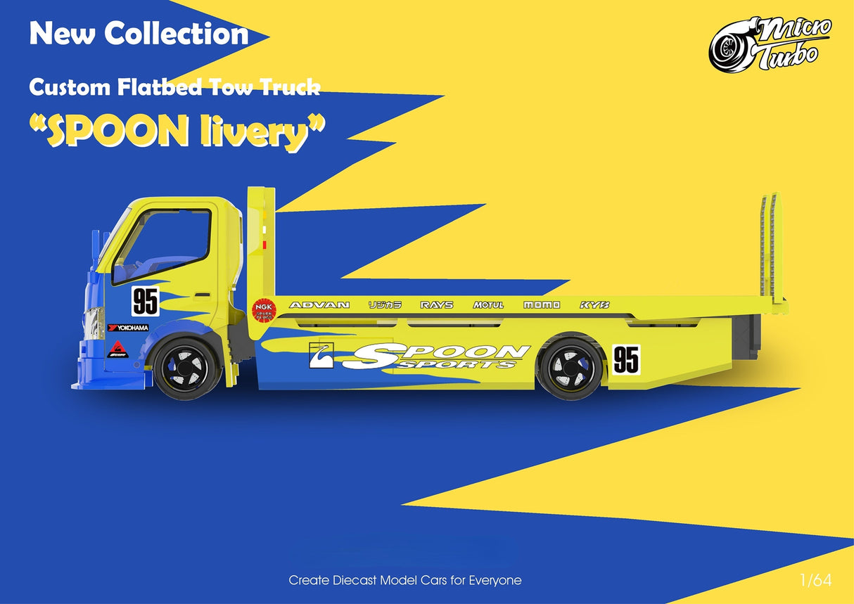 MicroTurbo Hino 300 Custom Flatbed Tow Truck Spoon Livery 1:64