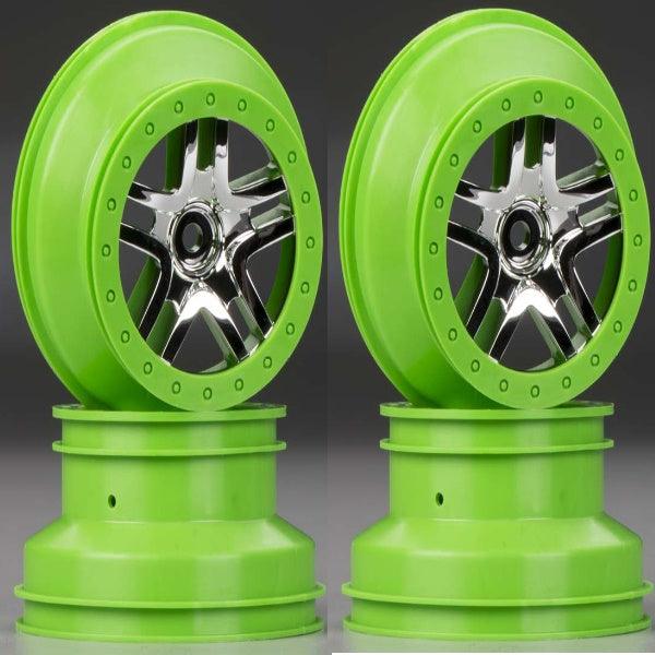 Traxxas 6872X Wheels Split-Spoke Chrome Green Beadlock (4) Slash 4X4