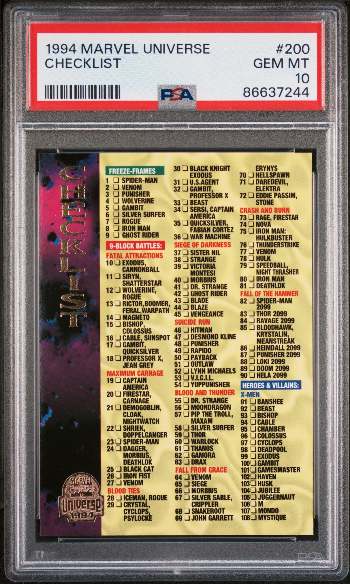 1994 MARVEL UNIVERSE CHECKLIST #200 - PSA 10