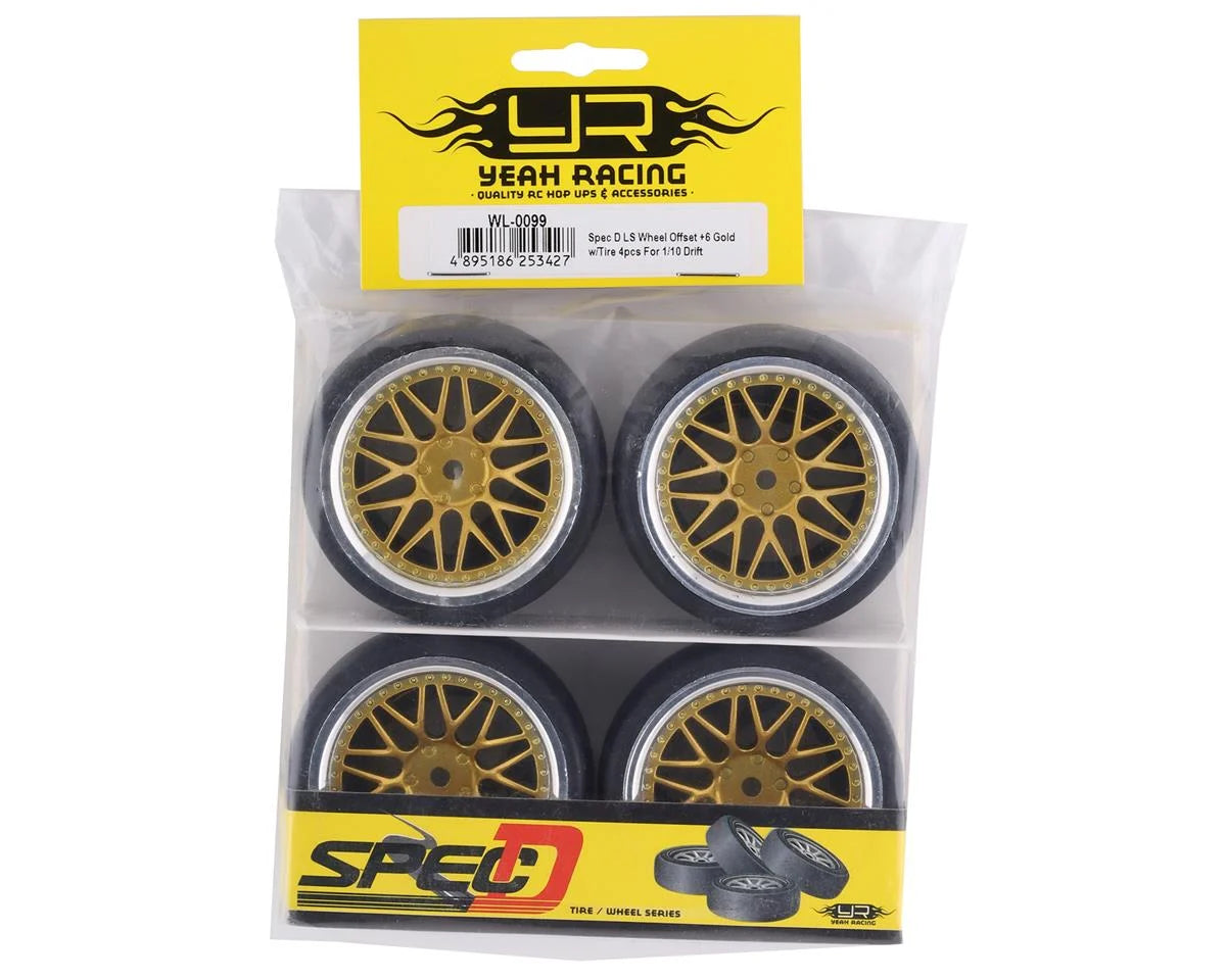 Yeah Racing YEA-WL-0099 Spec D Pre-Mounted Drift Tires w/LS Mesh Wheels (Chrome/Gold) (4) w/12mm Hex & 6mm Offset