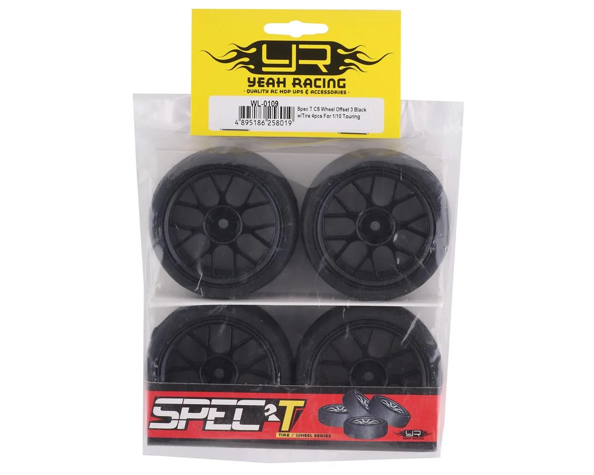 Yeah Racing WL-0109 Spec T Pre-Mounted On-Road Touring Tires w/CS Wheels (Black) (4) w/12mm Hex & 3mm Offset