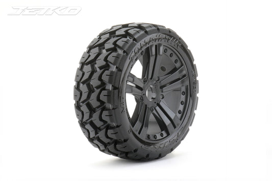 (Discontinued) JETKO 1/8 Buggy Tomahawk Tires Mounted on Black Claw Rims, Medium Soft, Belted