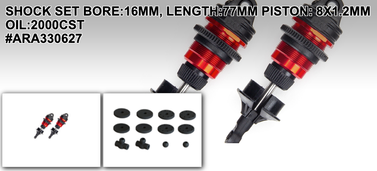 ARRMA ARA330627 JEU D'AMORTISSEURS ALÉSAGE: 16MM, LONGUEUR: 77MM PISTON: 8X1.2MM HUILE: 2000CST