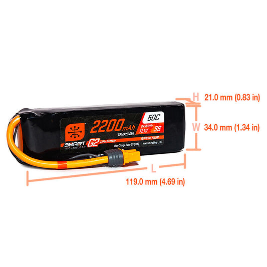 SPEKTRUM SPMX223S50 11.1V 2200mAh 3S 50C Smart G2 LiPo Battery: IC3