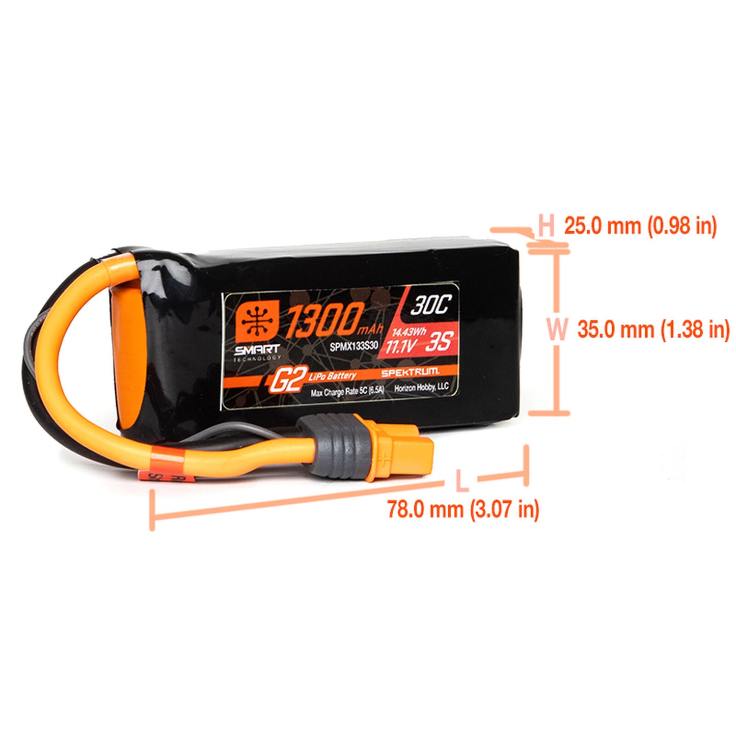 Spektrum - SPMX133S30 11.1V 1300mAh 3S 30C Smart G2 LiPo Battery: IC3