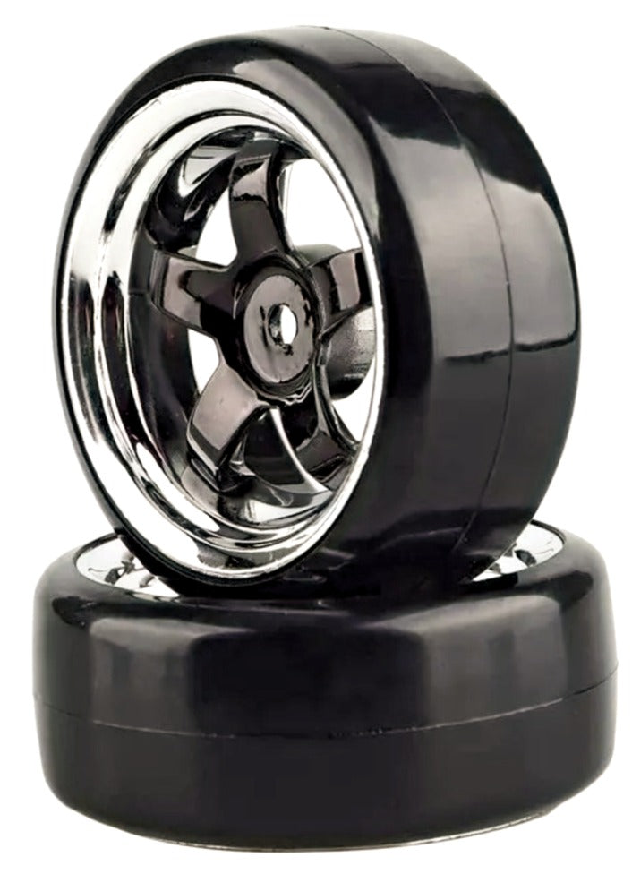 IRonManRc 1/10 DRIFT WHEELS W/ HARD TIRES CHROME / BLACK 5 SPOKE RIMS