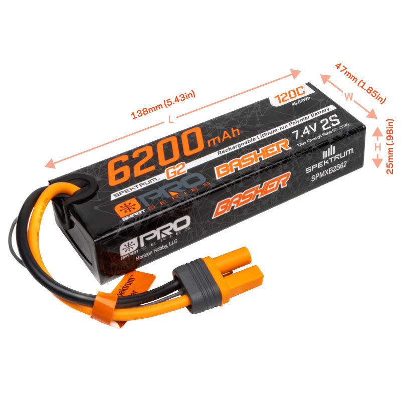 Spektrum 7.4V 6200mAh 2S 120C Smart G2 Pro Basher LiPo: IC5