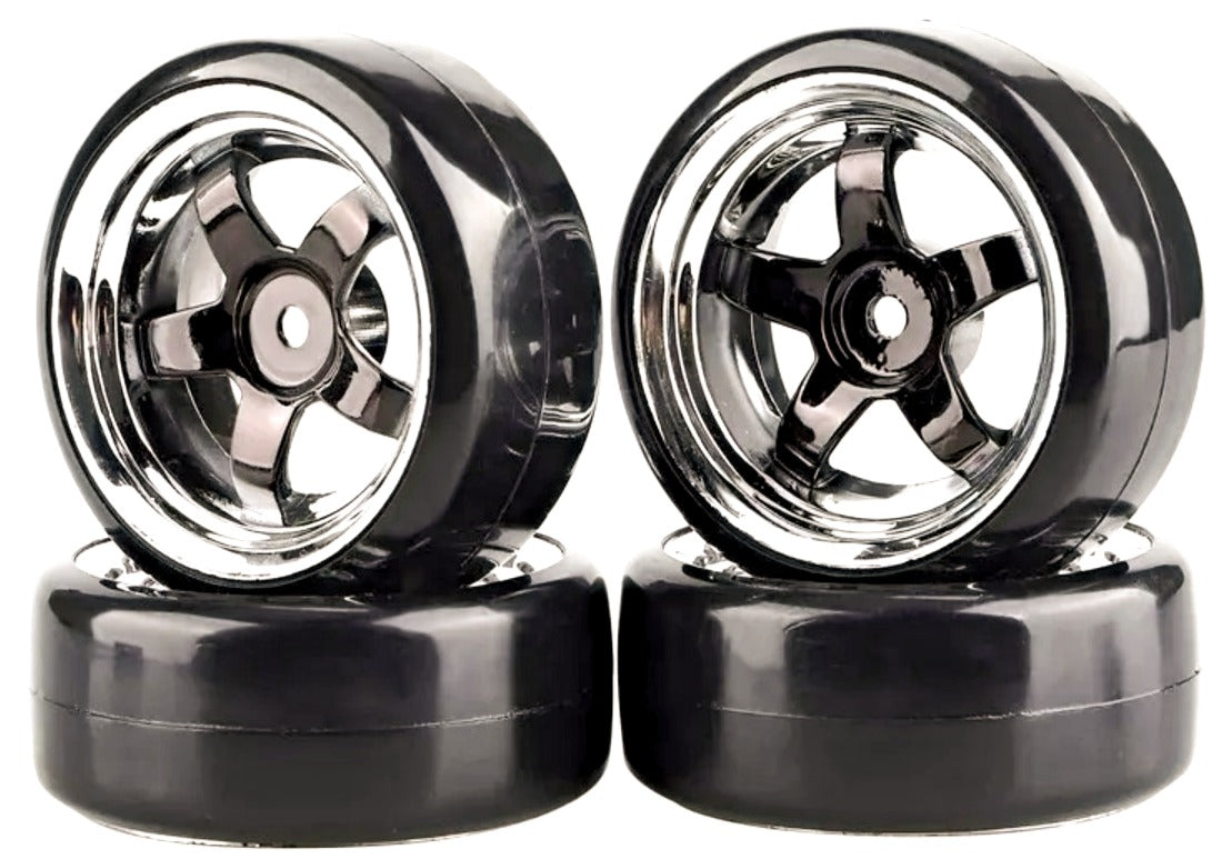 IRonManRc 1/10 DRIFT WHEELS W/ HARD TIRES CHROME / BLACK 5 SPOKE RIMS