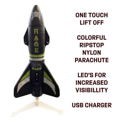 RAGE RGR4150B Spinner Missile XL Electric Free-Flight Rocket Parachute & LEDs, Black