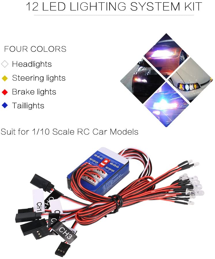 Kit de iluminación RC de 12 LED para dirección/freno/luces Flash RC de simulación inteligente para 1