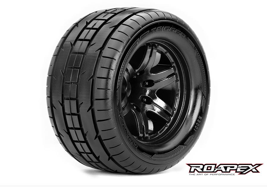 ROAPEX ROPR3001-B0 Trigger 1/10 Monster Truck Tires, Mounted on Black Wheels, 0