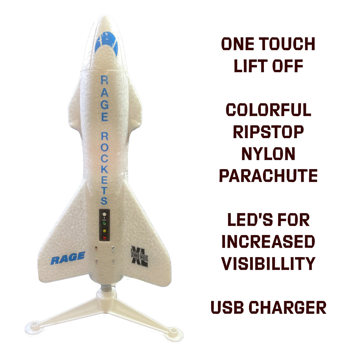 RC RAGE Spinner Missile XL Electric Free-Flight Rocket Parachute & LEDs, White