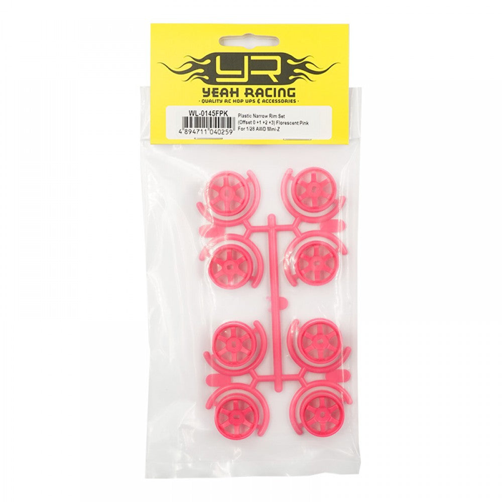 Yeah Racing WL-0145FPK PLASTIC NARROW RIM SET 8.5 MM (OFFSET 0 +1 +2 +3) FLORESCENT PINK FOR 1/28 AWD MINI-Z