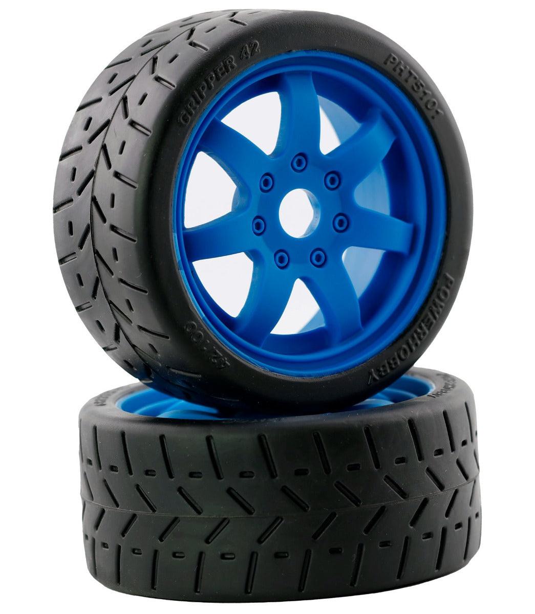 Powerhobby 1/8 Gripper 42/100 Belted Mounted Tires 17mm Chrome Blue