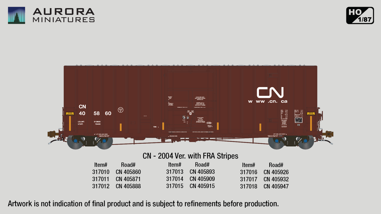 Aurora Miniatures HO Canadian National CN 50' Boxcar 405909 (2004 Delivery w/ Stripes)
