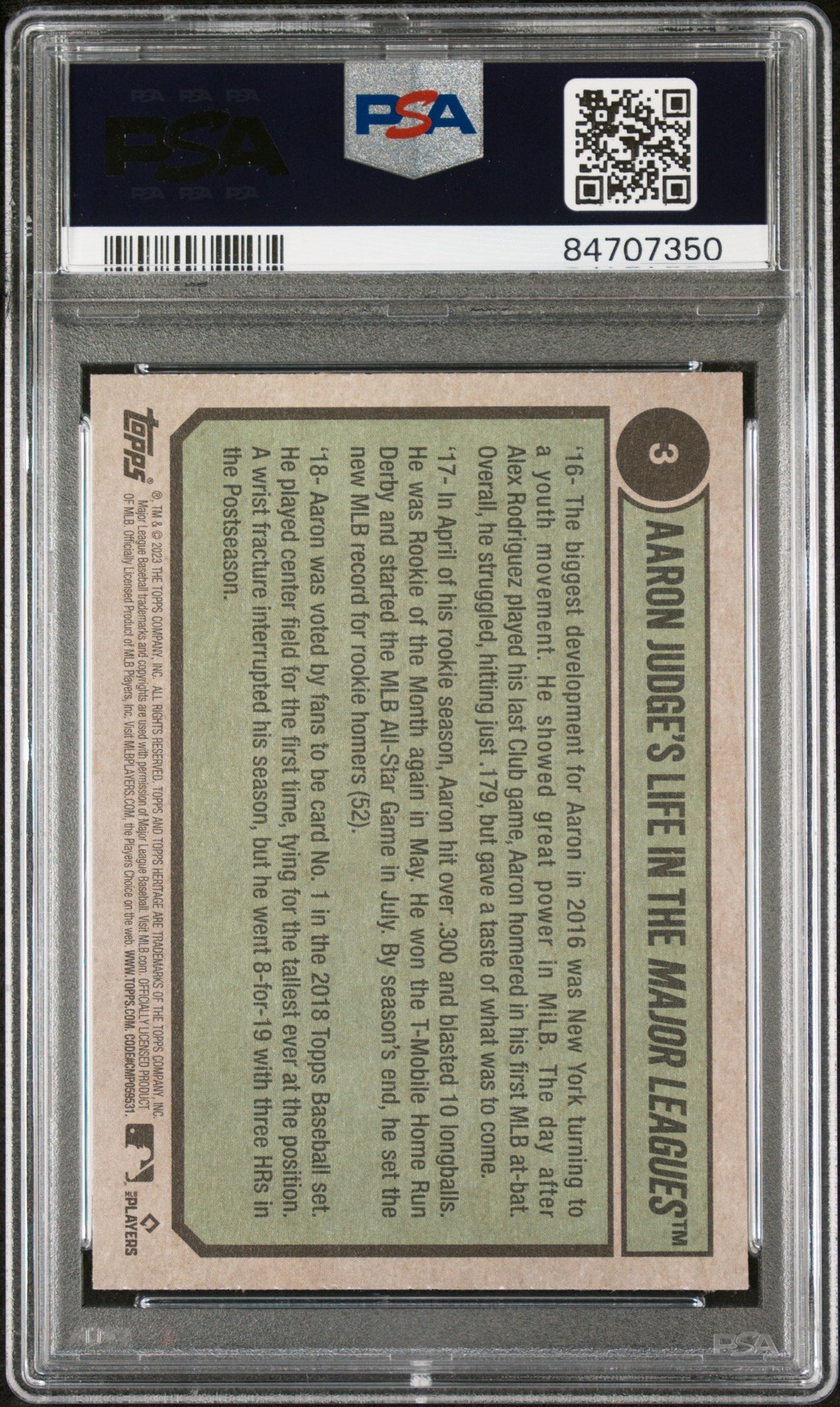 2023 TOPPS HERITAGE AARON JUDGE TRIBUTE  #3 - PSA 10