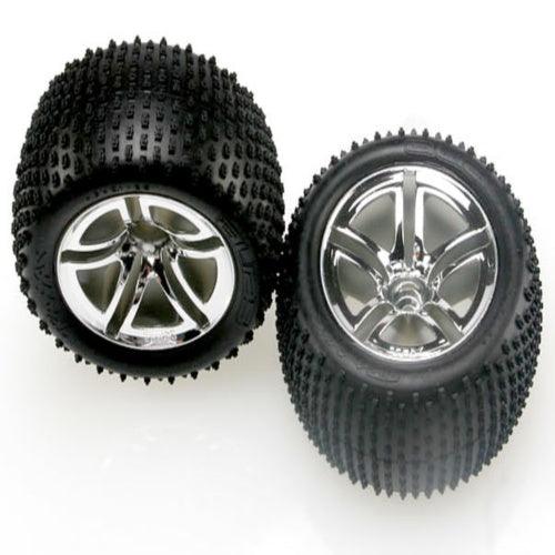 Traxxas 5572R Mounted Rear Tires/Wheels (2) Nitro Rustler/Stampede