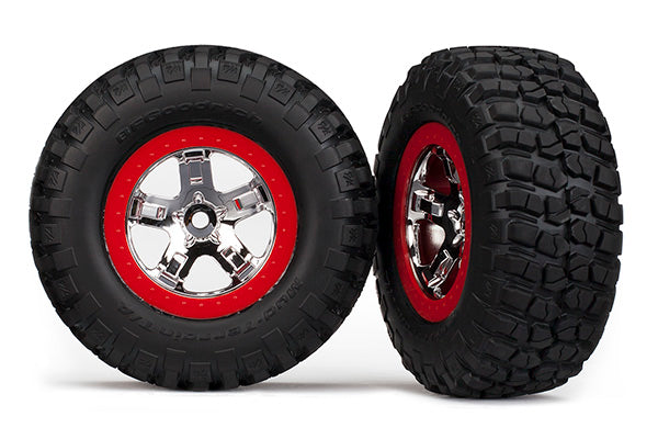 Traxxas 5867 Tire & wheel assy, glued (SCT chrome, red beadlock style wheels, BFGoodrich® Mud-Terrain™ T/A® KM2 tires, inserts) (2)