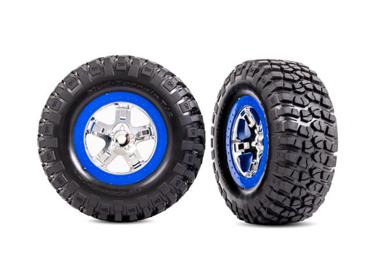 Traxxas 5867A  Tires & wheels, assembled, glued (SCT chrome, blue beadlock style wheels, BFGoodrich® Mud-Terrain™ T/A® KM2 tires, foam inserts) (2) (4WD front/rear, 2WD rear only)