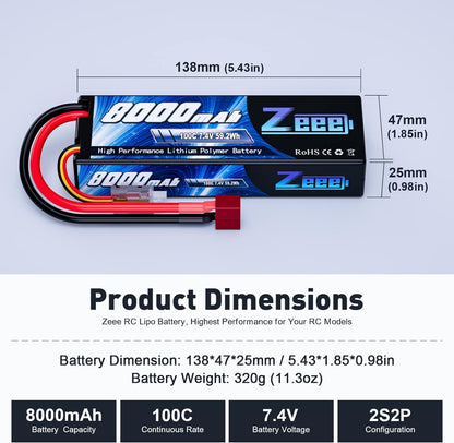 Zeee 2S Lipo Battery 8000mAh 7.4V 100C Hard Case Deans Plug