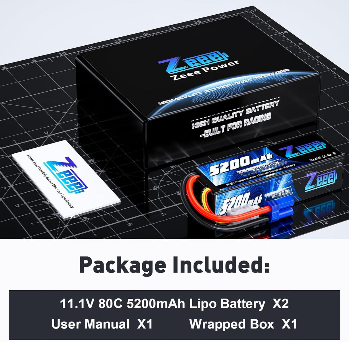Batterie Lipo Zeee 11,1 V 80C 5200 mAh 3S avec connecteur EC5 batterie rigide (2 paquets)