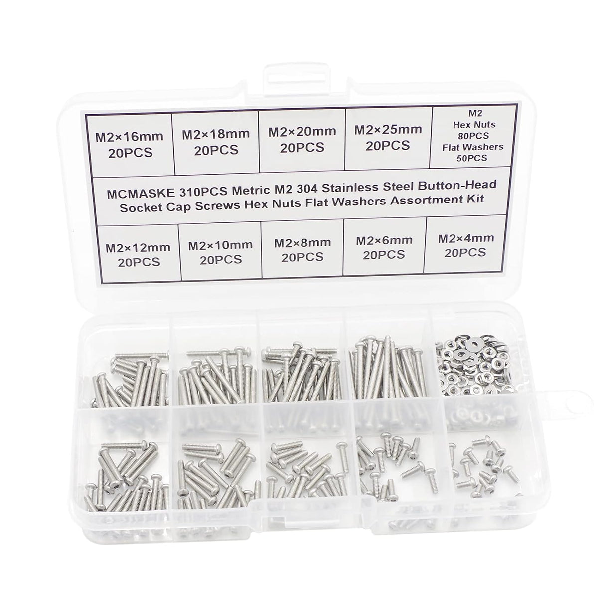 IHN 310PCS Metric M2 304 Stainless Steel Button Head Socket Cap Screws Hex Nuts Flat Washers Assortment Kit