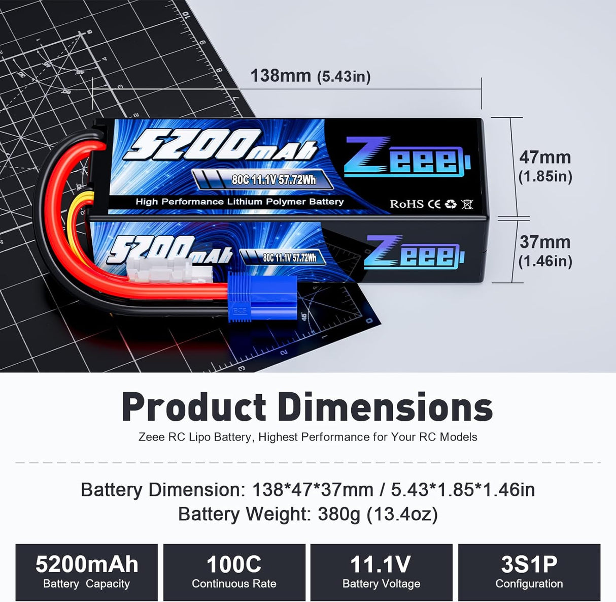 Batería Lipo Zeee 11.1V 80C 5200mAh 3S con conector EC5 Batería rígida (2 paquetes)