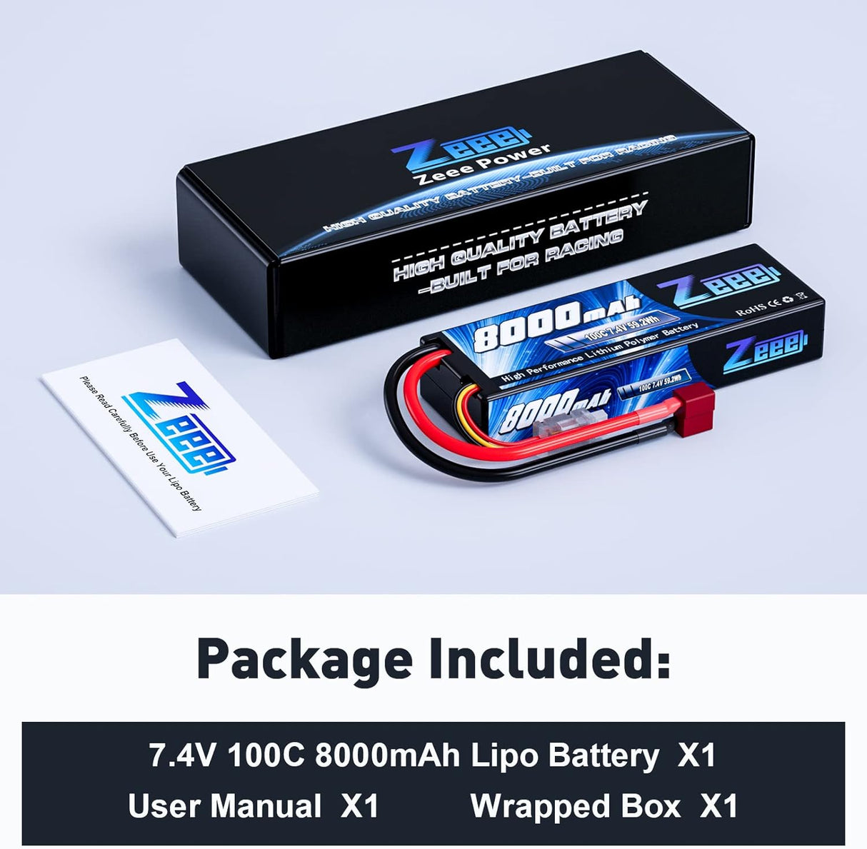 Batterie Lipo Zeee 2S 8000mAh 7.4V 100C, étui rigide, prise Deans