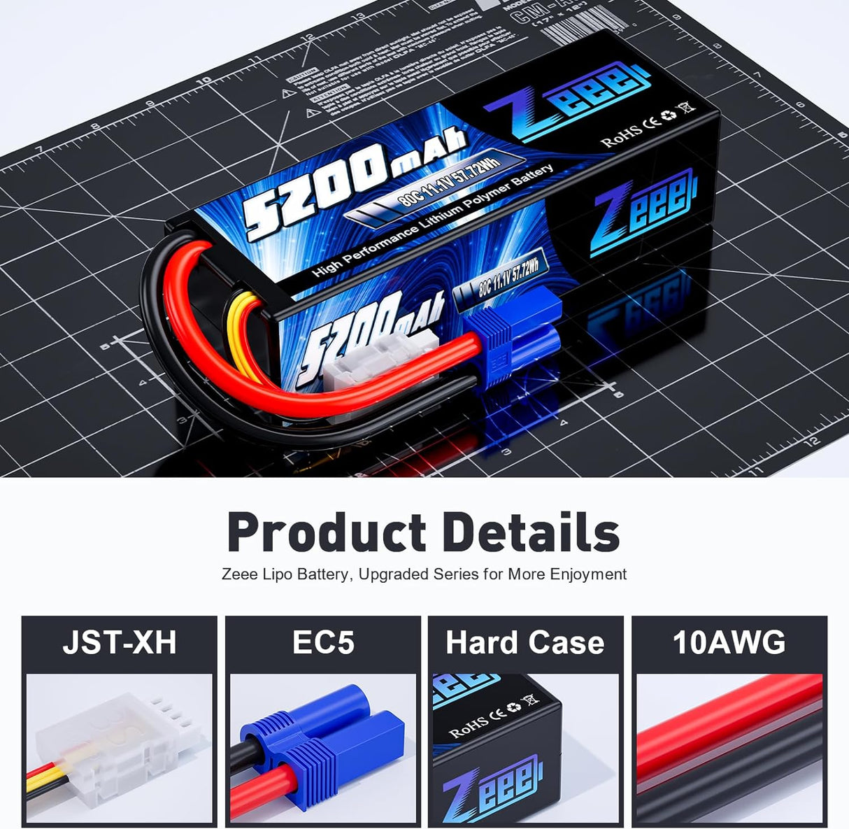 Batterie Lipo Zeee 11,1 V 80C 5200 mAh 3S avec connecteur EC5 batterie rigide (2 paquets)