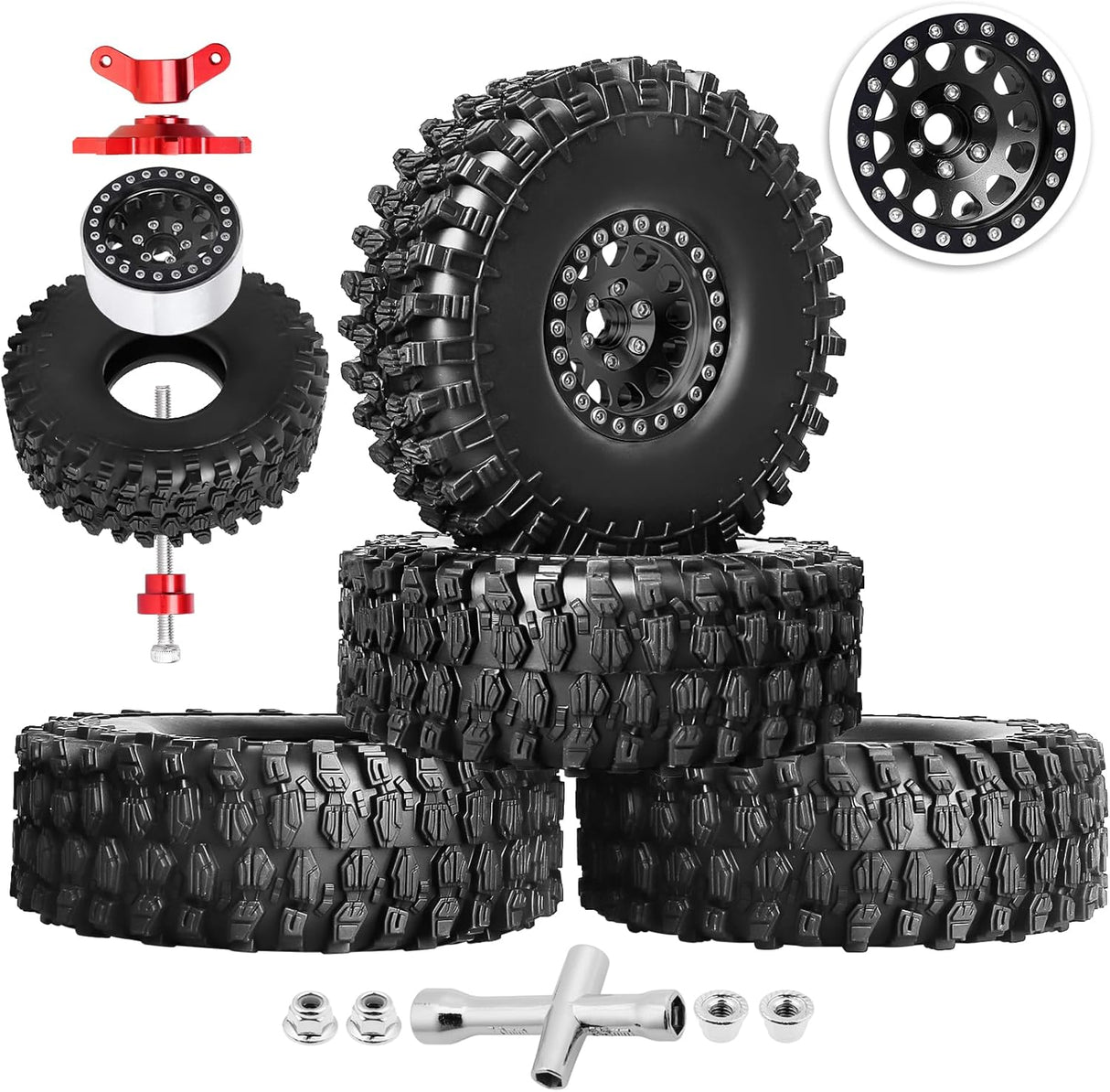 IRonManRc 1.9 Beadlock Wheels and Tires 120mm / 4.72inch Height w/ Mounting Tool