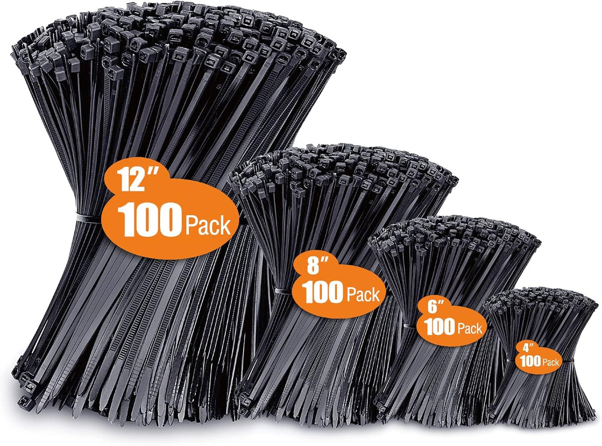 RC Zip Ties Assorted Sizes (4”+6”+8”+12”) Black Cable Ties
