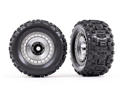 Traxxas 9572X Tires & wheels, assembled, glued 3.8" satin chrome wheels, satin chrome wheel covers
