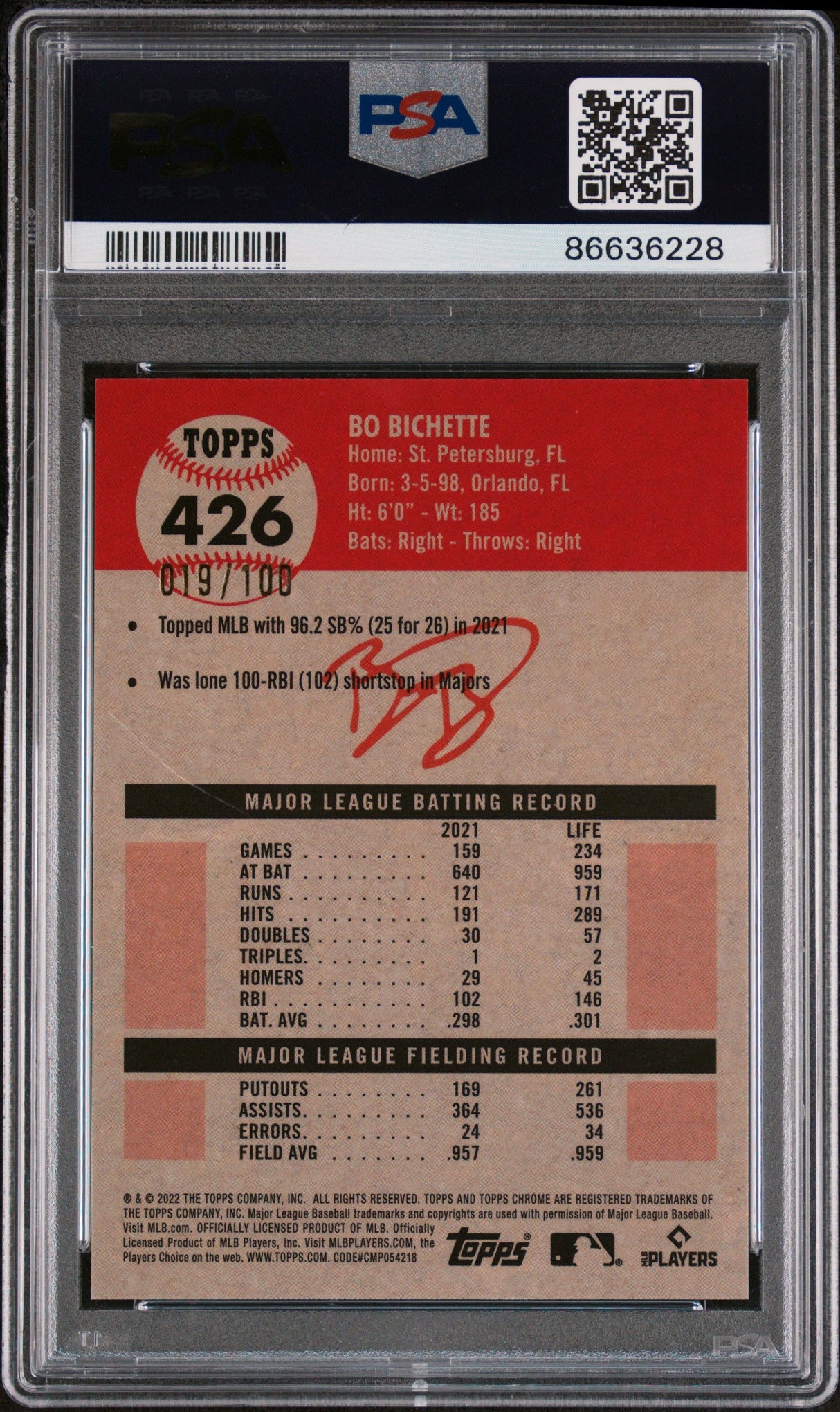 2022 TOPPS CHROME PLATINUM ANNIVERSARY BO BICHETTE ATOMIC #426 PSA 9