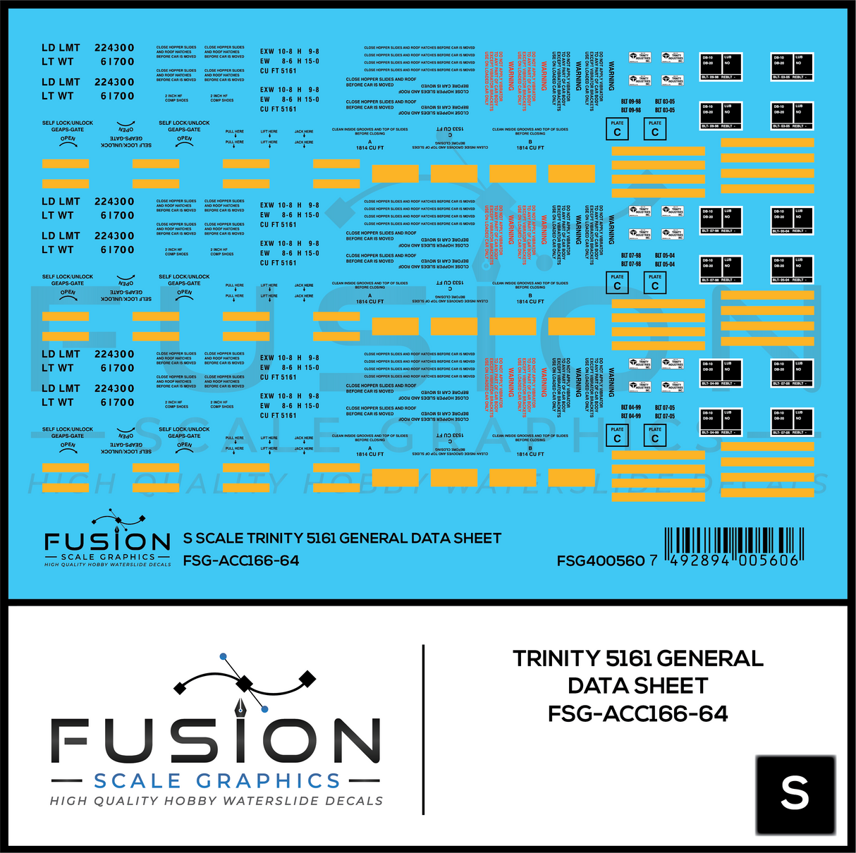 S Scale Trinity 5161 Cu. Ft. Covered Hopper General Data Decal Set