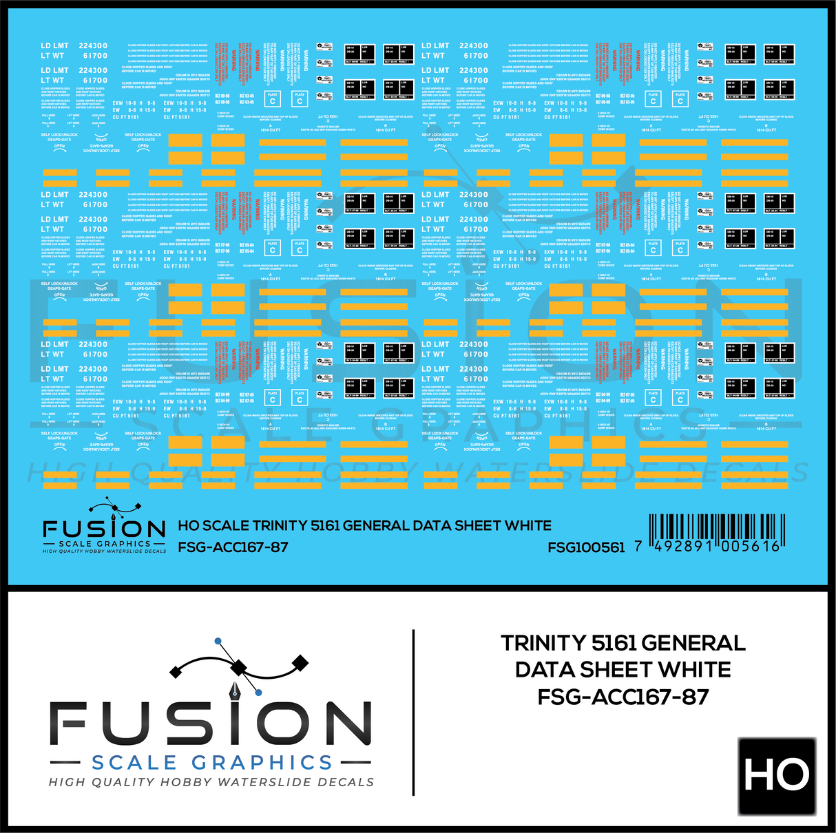 HO Scale Trinity 5161 Cu. Ft. Covered Hopper White General Data Decal Set