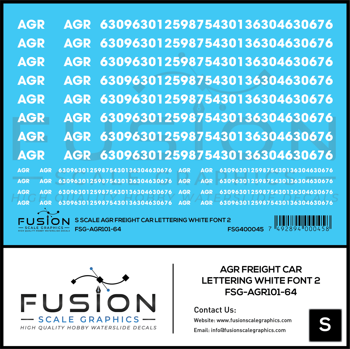 S Scale AGR Freight Car Lettering White Font 2 Decal Set