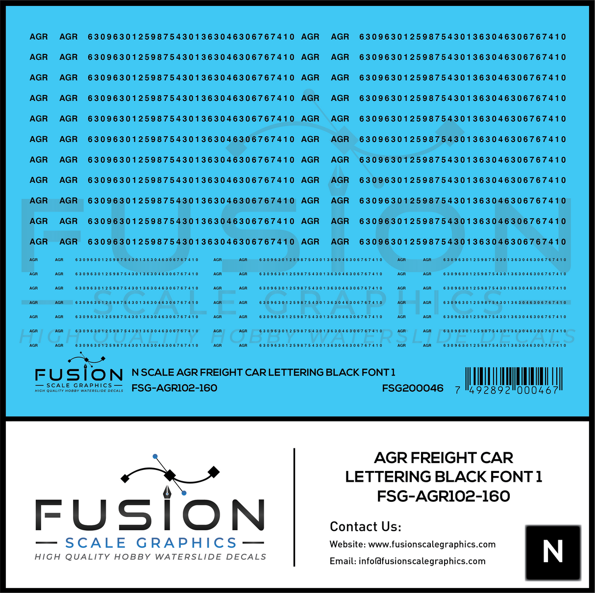 N Scale AGR Freight Car Lettering Black Font 1 Decal Set