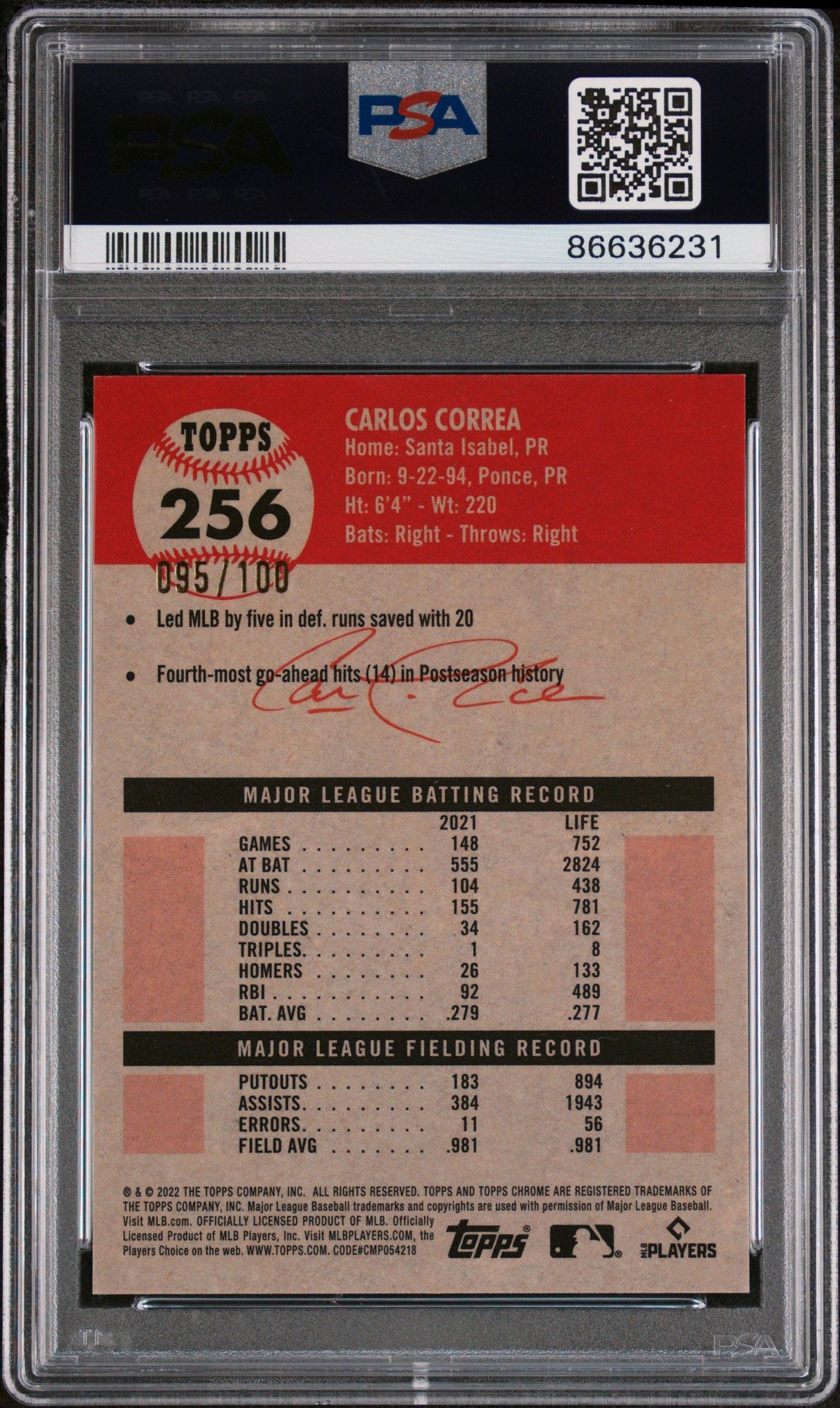 2022 TOPPS CHROME PLATINUM CARLOS CORREA RED ATOMIC REF 256 PSA 10