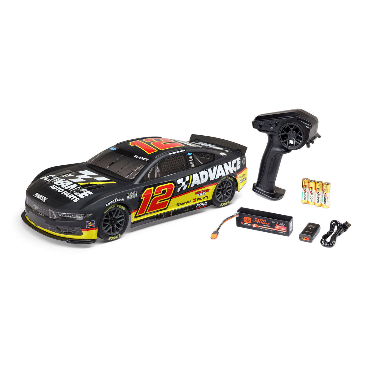 Losi 1122512 1/12 NASCAR RC Racecar Ryan Blaney No. 12 Advance Auto 2025 Ford Mustang 2S AWD RTR Brushed On-Road (Battery & Charger Included)