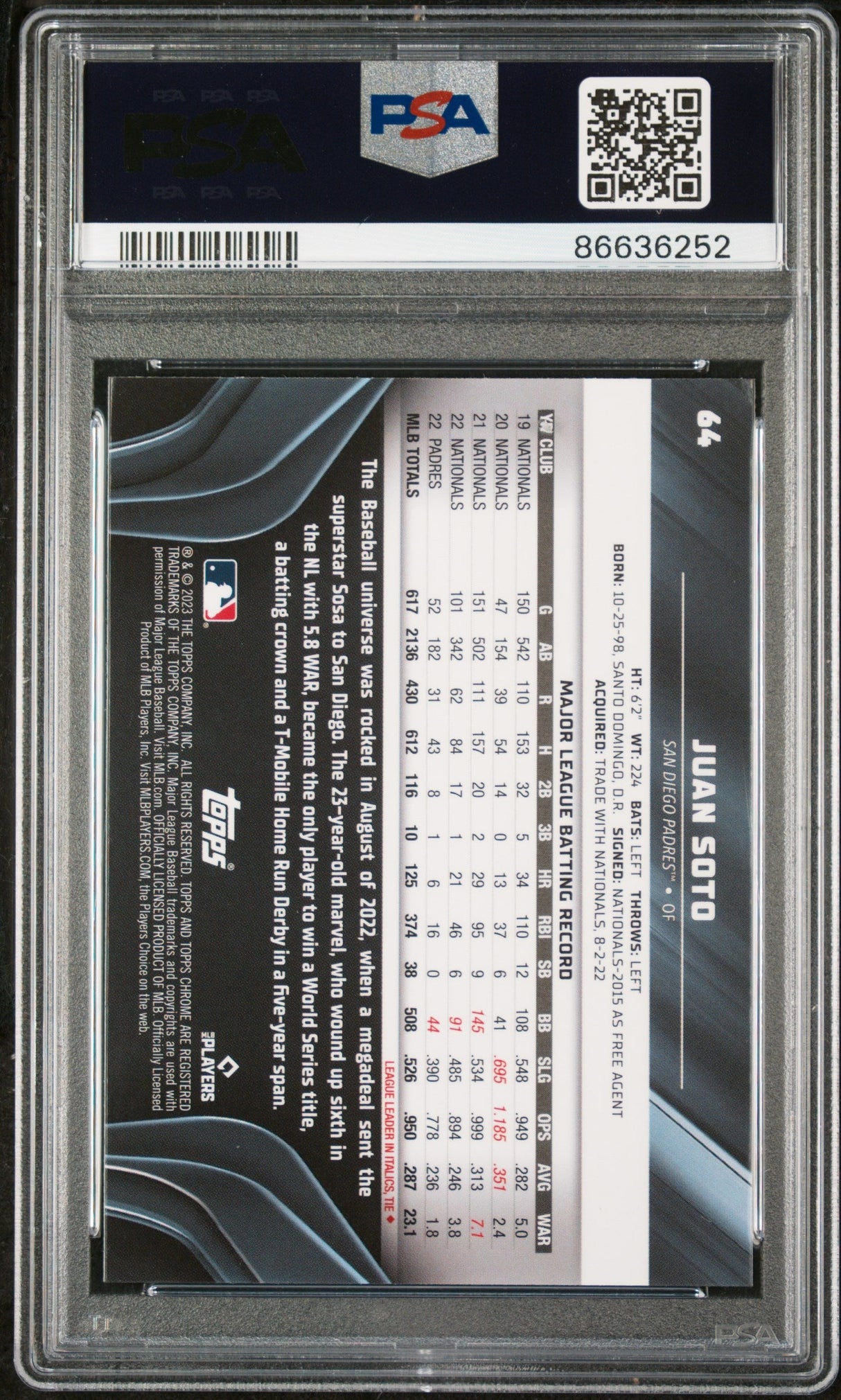 2023 TOPPS CHROME BLACK JUAN SOTO  #64 - PSA 10