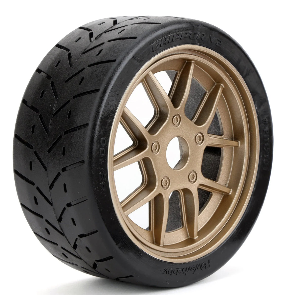 Powerhobby PHT5101-Gold V2 1/8 Gripper 42/100 Belted Mounted Tires 17mm Gold Wheels V2