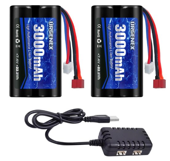 URGENEX 3000mAh 7.4 V Li-ion Battery with Dean-Style T Plug 2S Rechargeable RC Battery 1/10, 1/12, 1/16 Scale RC Cars Trucks with 7.4V Battery Charger