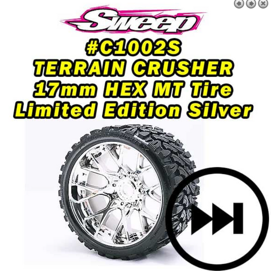 Sweep C1002S Monster Truck Terrain Crusher Neumático con cinturón prepegado en rueda WHD Silver Chrome, juego de 2 piezas