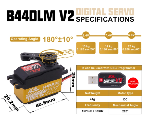 AGFRC B44DLM V2 25T Spline Metal Gear 15KG High Torque Low profile Digital DC Servo Motor