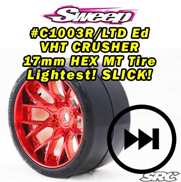 SWEEPS RACING RED SLICKS Monster Truck VHT Crusher Belted Tires on RED Chrome Wheels