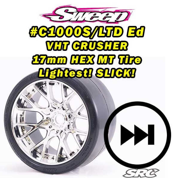 SWEEPS RACING SILVER CHROME SLICKS MONSTER TRUCK VHT CRUSHER BELTED TIRES ON SILVER CHROME WHEELS